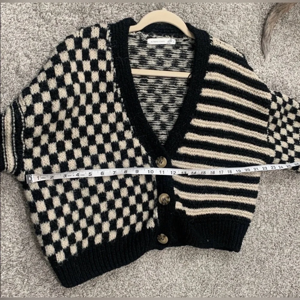 Altar’d State Claudia Checkered Cardigan Sweater Black & Cream Balloon Sleeve - Picture 11 of 13